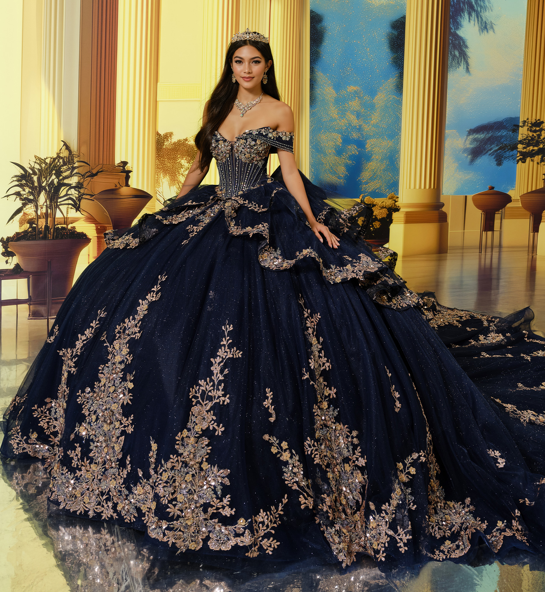 Princesa by Ariana Vara PR30221 in Navy Blue / Antique Gold