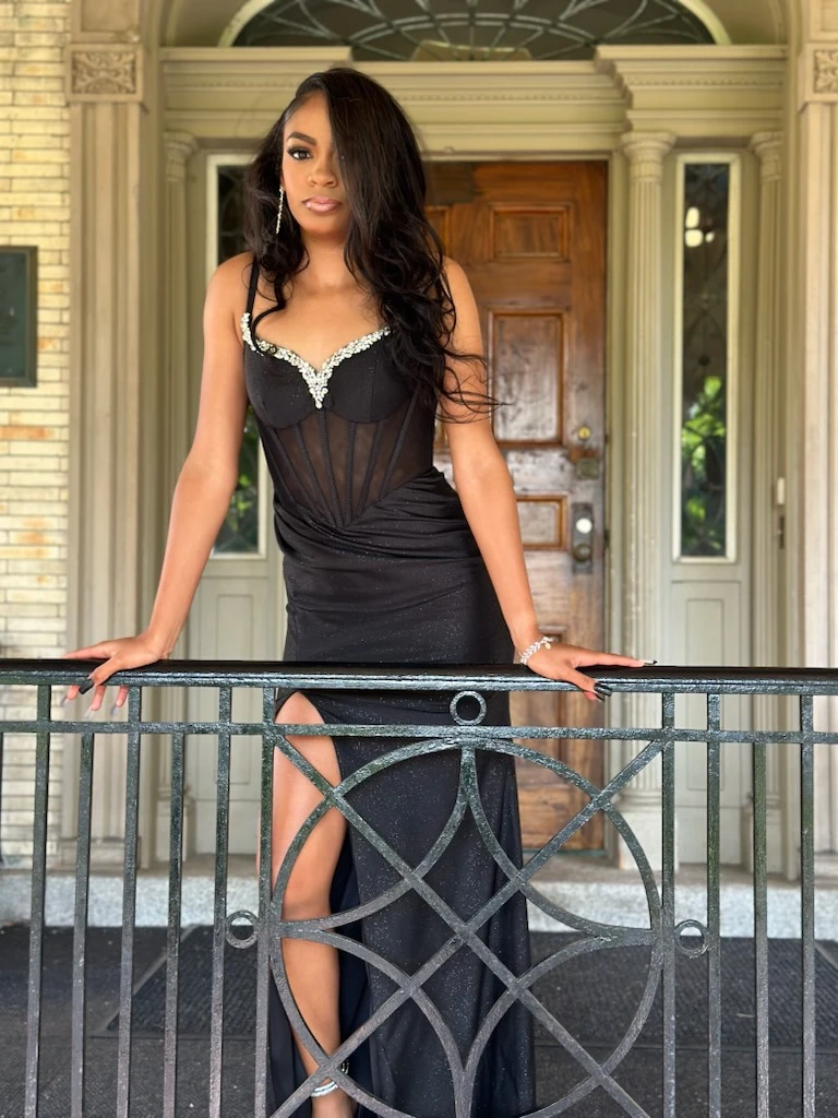 Elegant black corset prom dress with crystal detailing
