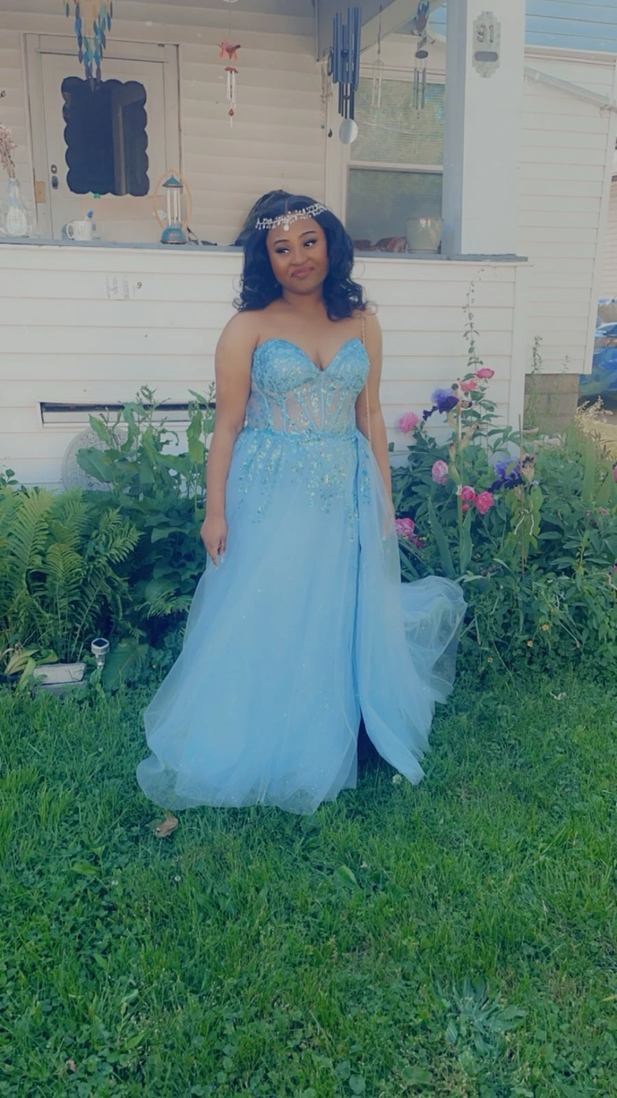 Light blue corset prom dress with tulle skirt