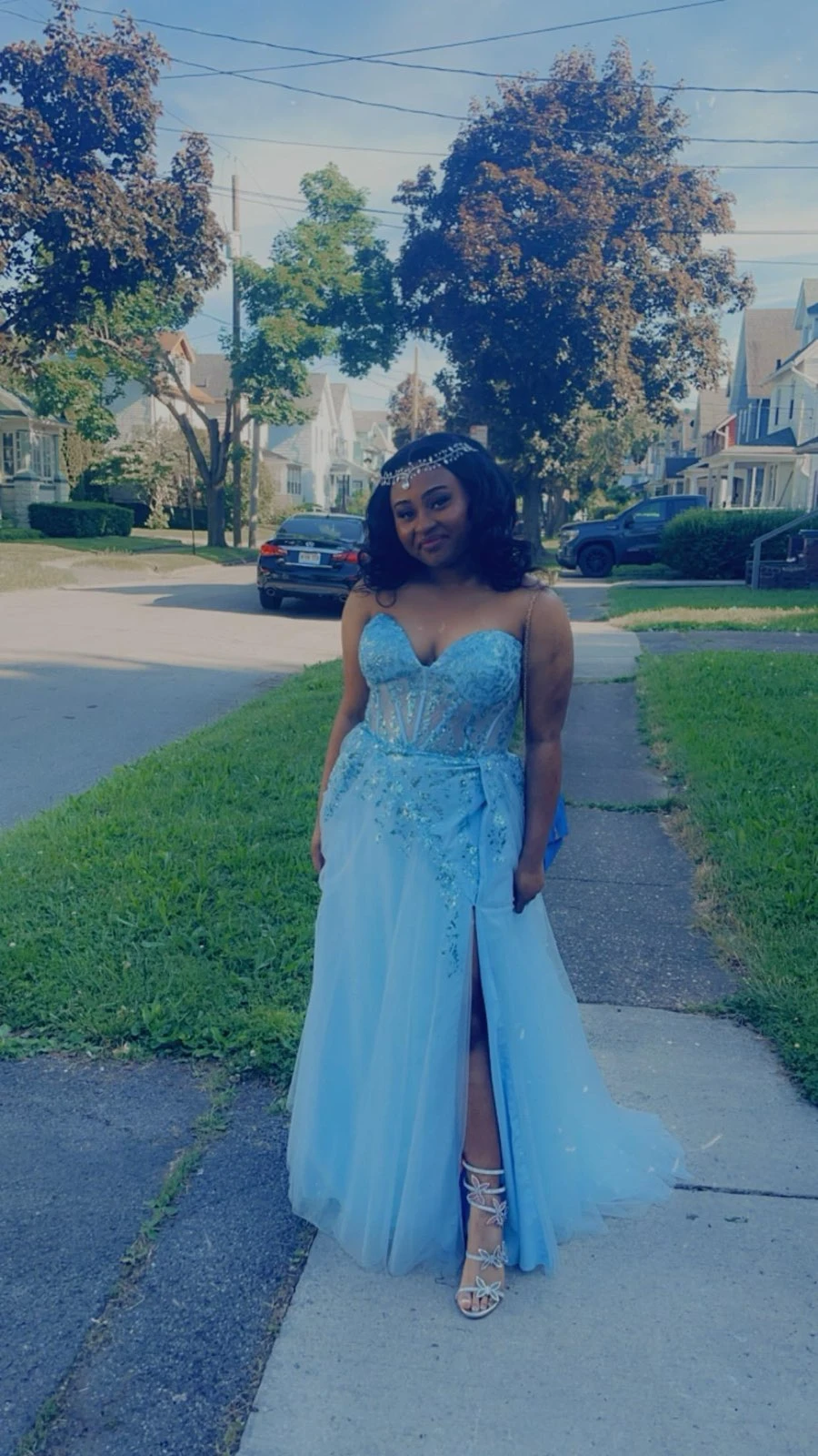 Light blue prom dress with embellished corset bodice