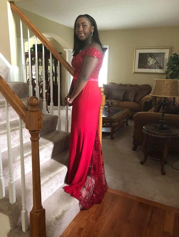 Red off-shoulder prom dress with lace detailing