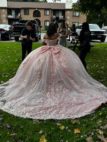 Quinceañera pink ball gown with floral applique train from behind