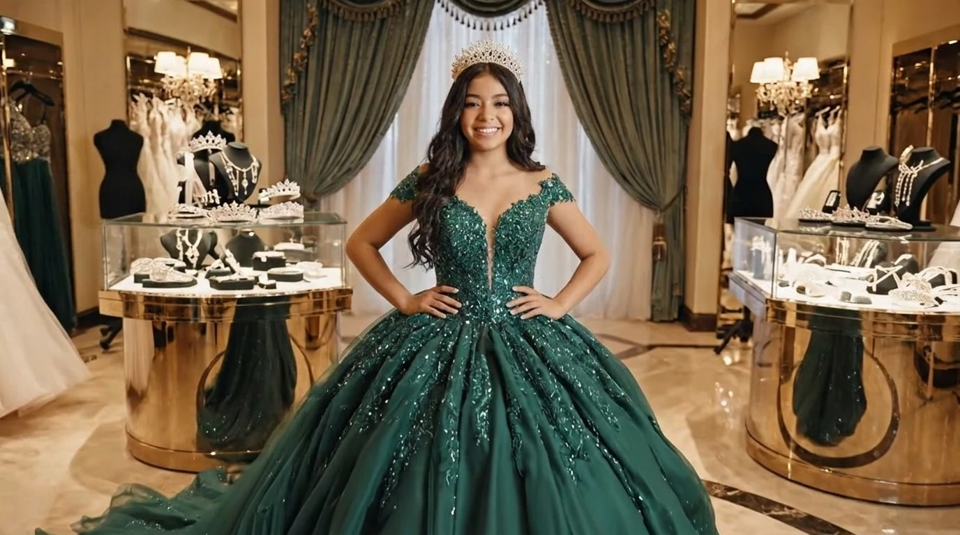 Young woman in an emerald green Quinceañera gown wearing a gold crown in a luxury boutique